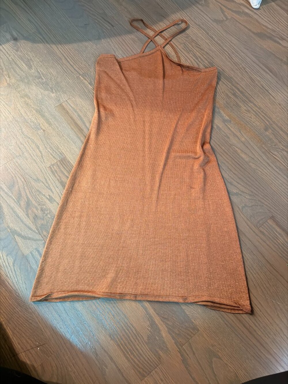 INTERMIX Copper Bronze Metallic Knit Halter Mini Dress Lurex Party Sz M